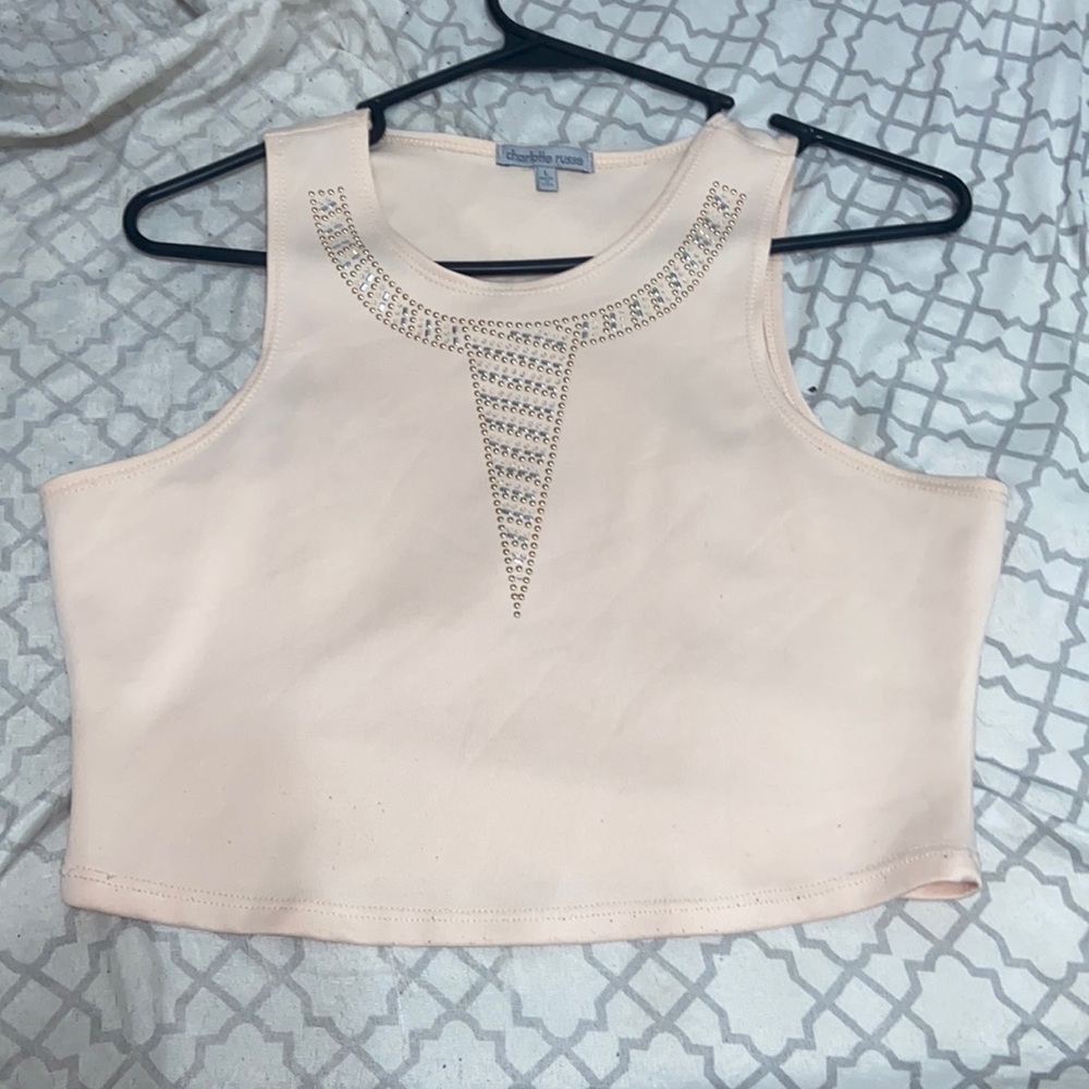 light pink//cream crop top with rhinestones
